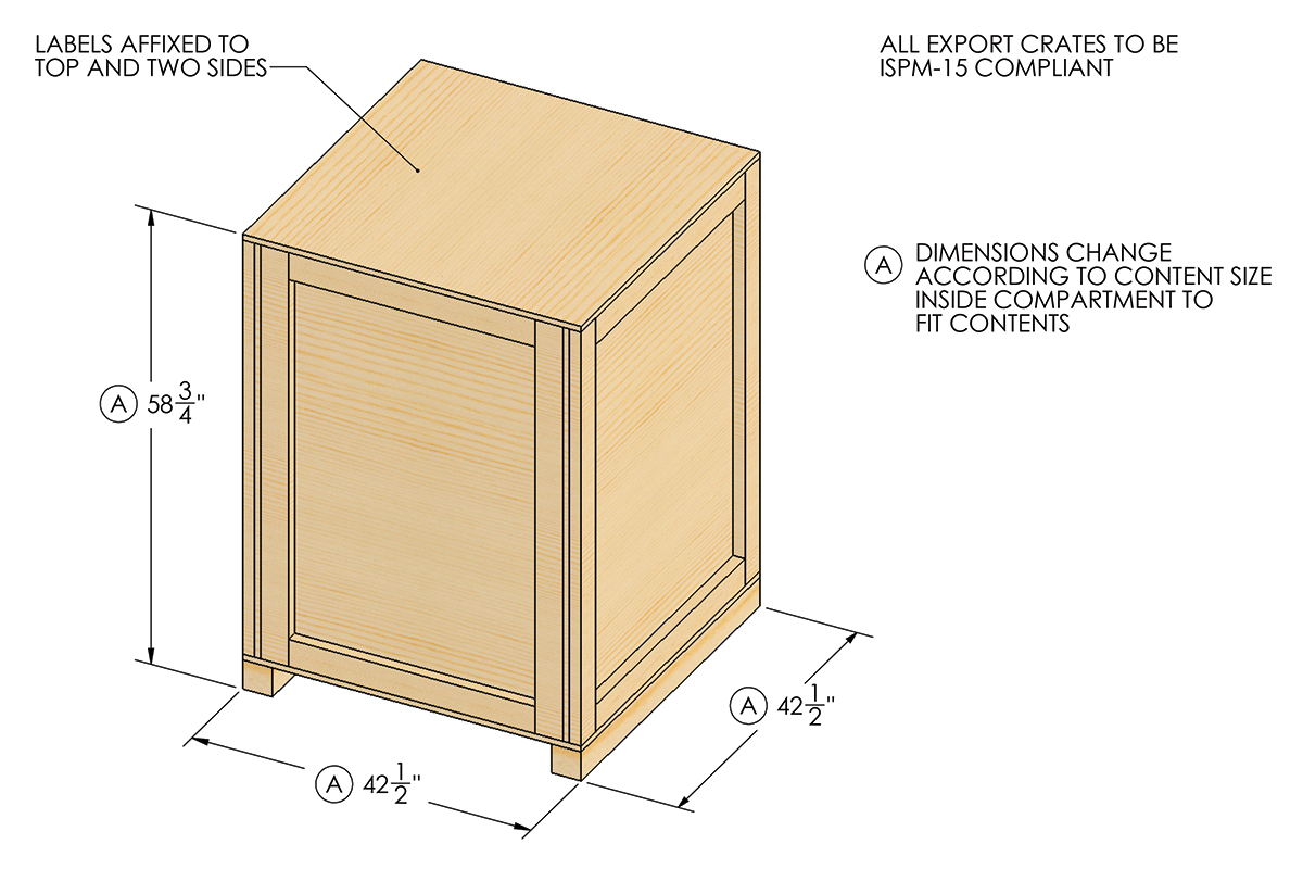 Standard Export Crate, ISPM-15 Compliant, 58.75" Tall, 42.5" deep, 42.5" wide